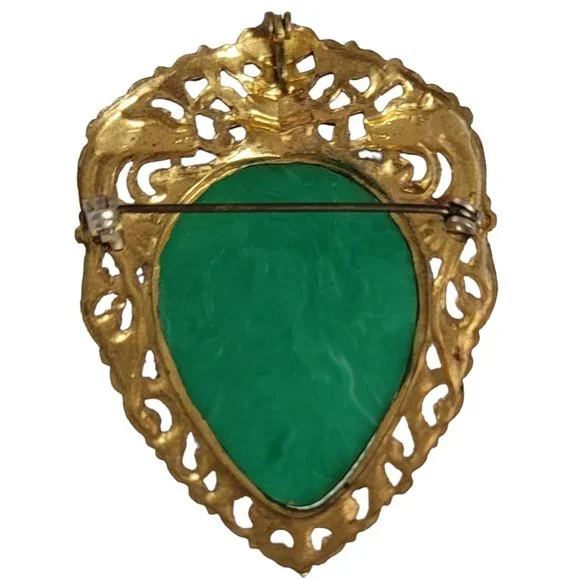 Gold Tone Asian Style Dragon Open Molded Plastic Inlay Brooch Pendant E03